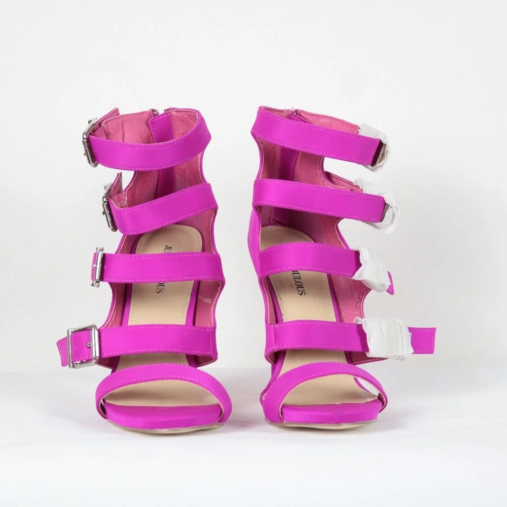 NEW JustFab "Connie" Fuchsia Buckle Up Strappy Stiletto Heels Sandals Size 7.5 - Picture 3 of 11